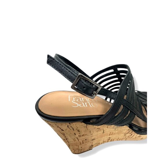 Franco Sarto Sombre Black Strappy Cork Wedge‎ Open Toe Sandals Heels Size 7.5 M - Picture 6 of 9